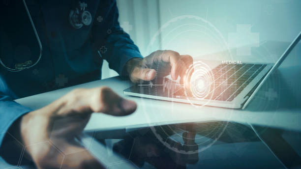 istock Medical doctor with technology service diagnose checking virus testing system with VR screen, using laptop and tablet. 1313443815
