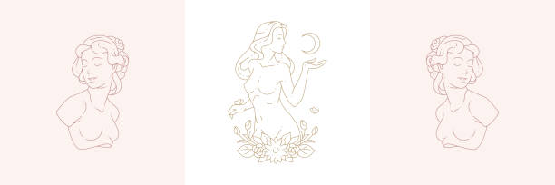 ●女性の胸像と魔法の女性、ボホリ�ニアスタイルのベクトルイラストセットで月の三日月 - god点のイラスト素材／クリップアート素材／マンガ素材／アイコン素材