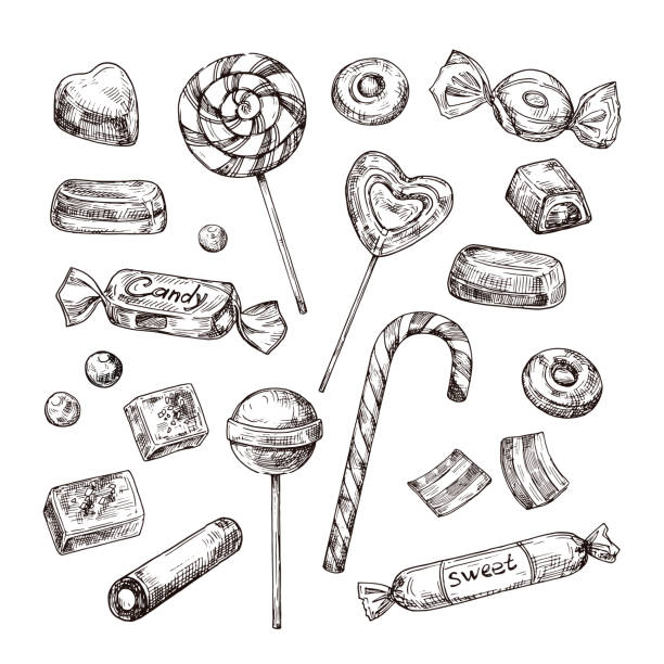 Hand drawn candies. Chocolate candy, lollipop and marmalade, sweets. Vintage sketch vector set Hand drawn candies. Chocolate candy, lollipop and marmalade, sweets. Vintage sketch vector set of lollipop and candy, chocolate dessert and marmalade illustration candy stock illustrations