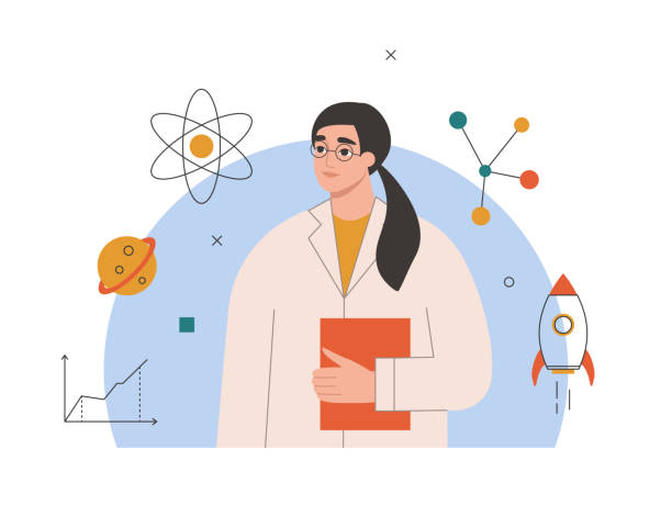 Science, theoretical or practical physics, astronomy concept. Woman scientist, female professor in uniform studying atoms and space. Scientific research and innovation. Isolated flat vector illustration. atom illustrations stock illustrations