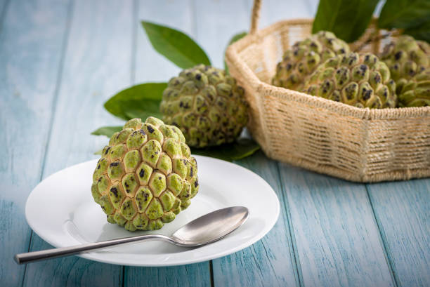 istock Sugar apple on wooden table. 1313447019