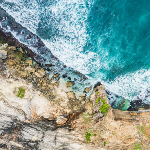 istock Ocean waves hitting a rocky beach. View from above. 1313448292