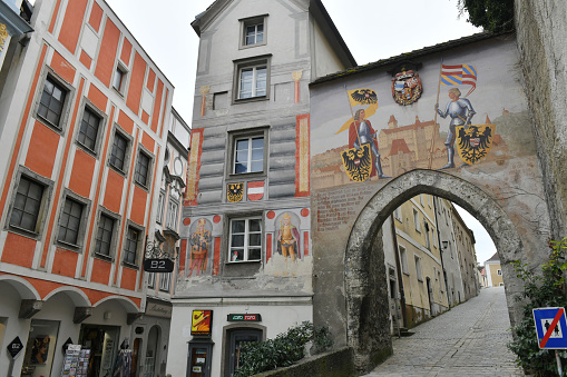 The entrance to Lamberg Castle in the old town of Steyr, Austria, Europe