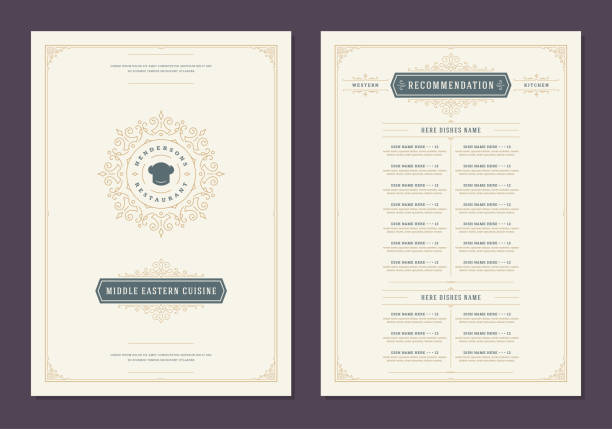 Menu design template with cover and restaurant vintage logo vector brochure. Chef hat symbol illustration and ornament frame and swirls decoration.
