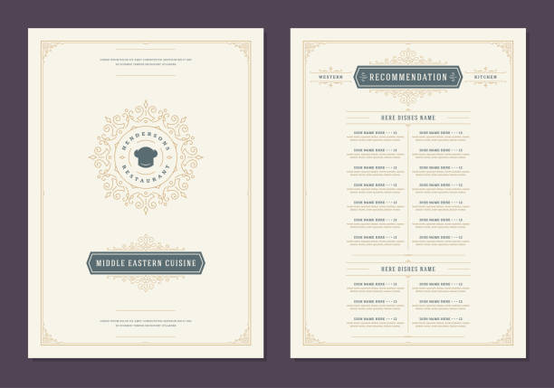 Menu design template with cover and restaurant vintage logo vector brochure Menu design template with cover and restaurant vintage logo vector brochure. Chef hat symbol illustration and ornament frame and swirls decoration. italian culture stock illustrations