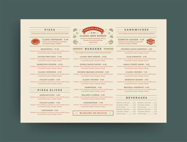 Fast food restaurant menu layout design brochure or flyer template vector illustration Fast food restaurant menu layout design brochure or flyer template vector illustration. Pizzeria logo with vintage typographic decoration elements and fast food graphics. lunch silhouettes stock illustrations