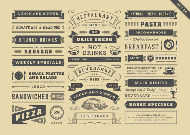 Restaurant menu typographic decoration design elements set vintage and retro style vector illustration Restaurant menu typographic decoration design elements set vintage and retro style vector illustration. Food signs and symbols, ornate elements with dividers, ribbons and frames old newspaper style. dividing illustrations stock illustrations