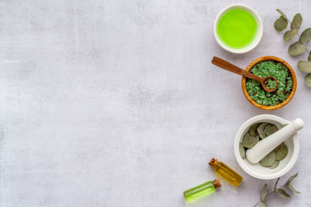 istock Layout of natural spa cosmetic products with eucalyptus. Top view 1313452195