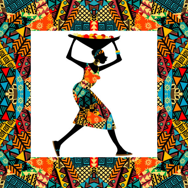 African motifs frame with african woman African motifs frame with african woman african tribe stock illustrations