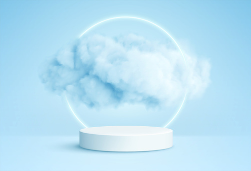Realistic white fluffy clouds in product podium with neon circle on blue background. Cloud sky background for your design. Vector illustration EPS10