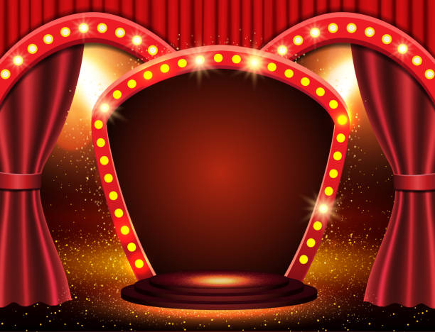 istock Background with red curtain, arch banner and spotlights. Design for presentation, concert, show 1313453278