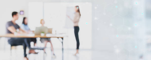 istock Abstract blurred interior modern office space with business people working banner background with copy space. 1313453340
