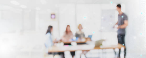 istock Abstract blurred interior modern office space with business people working banner background with copy space. 1313453353