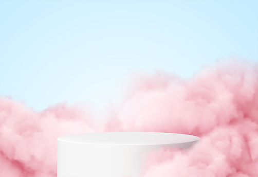 Blue background with a product podium surrounded by pink clouds. Smoke, fog, steam background. Vector illustration EPS10