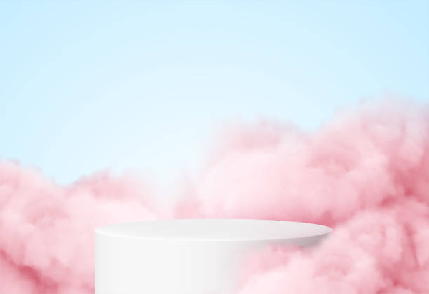 Blue background with a product podium surrounded by pink clouds. Smoke, fog, steam background. Vector illustration Blue background with a product podium surrounded by pink clouds. Smoke, fog, steam background. Vector illustration EPS10 angry clouds stock illustrations