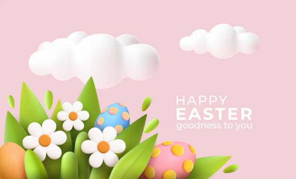 3d trendige realistische ostern grußkarte, banner mit blumen, ostereier und wolken. frühling floral moderne 3d ostern grafik-konzept. vektor-illustration - easter egg easter isolated three dimensional shape stock-grafiken, -clipart, -cartoons und -symbole