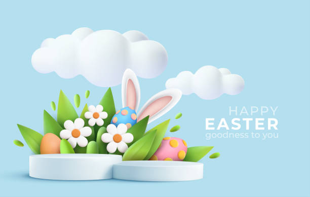 3d trendige ostergruß mit 3d produkt podium, frühlingsblume, wolke, osterei und hase. frühling floral moderne 3d ostern grafik-konzept. vektor-illustration - easter egg easter grass spring stock-grafiken, -clipart, -cartoons und -symbole