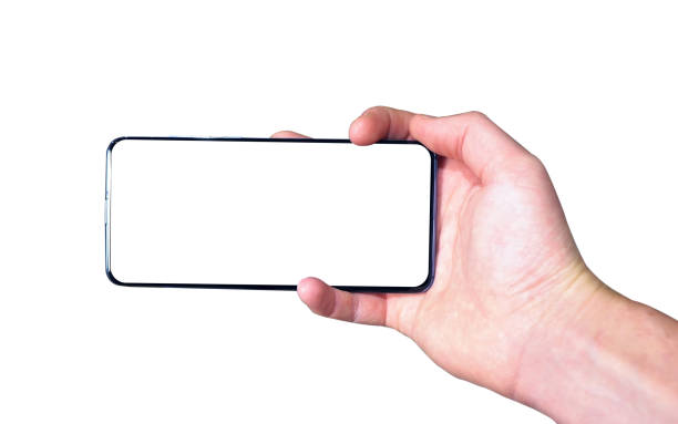 istock Man hand holding black smartphone isolated on white background 1313455192