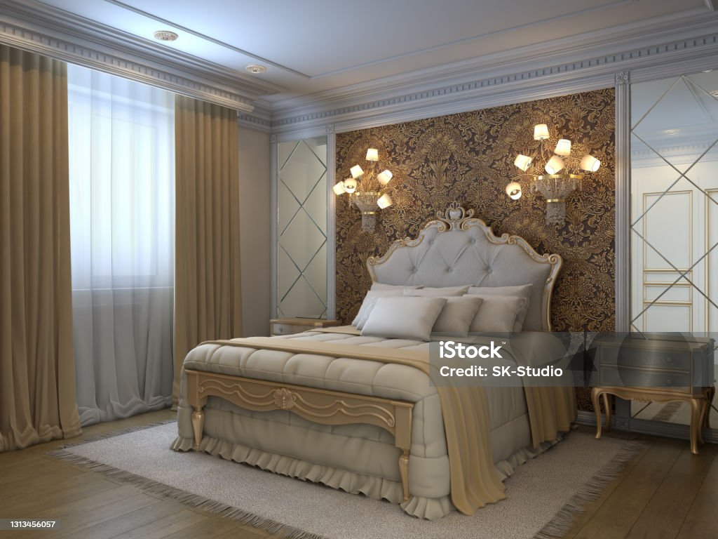 Luxury classic bedroom interior with classic bed, pillows, carpet on the wooden floor, two bedside table, and two mirrors. 3D illustration, 3840x2880 Bed - Furniture Stock Photo