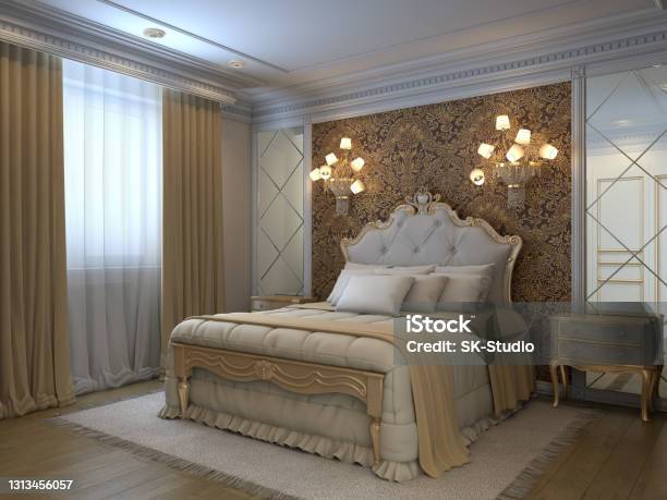 Luxury Classic Bedroom Interior With Classic Bed Pillows Carpet On The Wooden Floor Two Bedside Table And Two Mirrors 3d Illustration 3840x2880 Stock Photo - Download Image Now