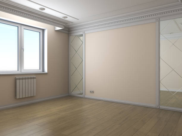 istock Empty Interior Corner with Plastic Window, Beige Walls, Parquet Floor, White Molding and Two Mirrors. 3d illustration 3840x2880 1313456378