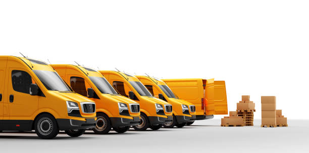 istock Parcel delivery in van transportation trucks on white. 1313456451