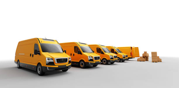 istock Parcel delivery in van transportation trucks on white. 1313456457