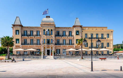 Spetses / Greece - April 28 2018: The Poseidonion Grand Hotel. Its one of the most luxurious hotels in southeastern Europe, and a landmark on the Spetses skyline.