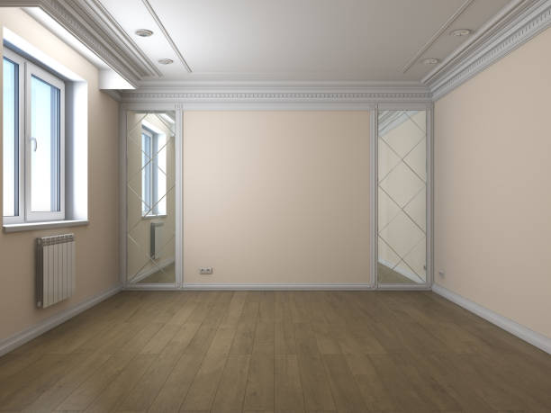 istock Empty Interior with Plastic Window, Beige Walls, Parquet Floor, White Molding and Two Mirrors. 3d illustration 3840x2880 1313456556