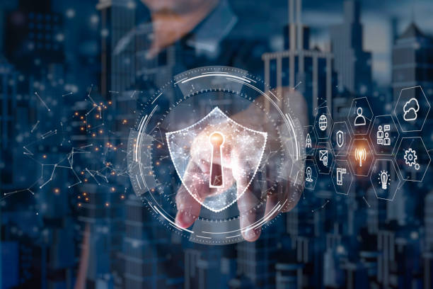 istock Finger touch shield Icon and HUD of cyber security in smart city, Digital Data Network Protection, Technology global network big data analysis background concept 1313457429