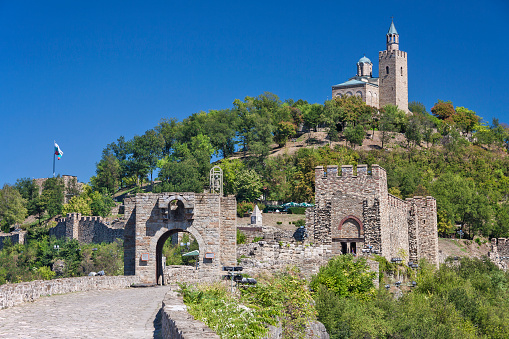 View from the river Rhine at the town of Sankt Goarshausen with the medieval castle Katz (Cat) on the top of a hill overlooking the small village on the East bank of the river Rhine.