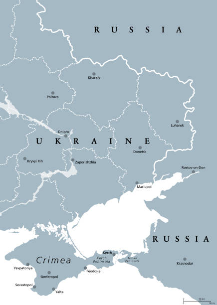 Eastern Ukraine, Crimea and Donbass, gray political map Eastern Ukraine, gray political map. The Crimea peninsula, on the coast of Black Sea, and the Donbass, formed by Donetsk and Luhansk region, disputed areas of Ukraine and Russia. Illustration. Vector. mariupol stock illustrations