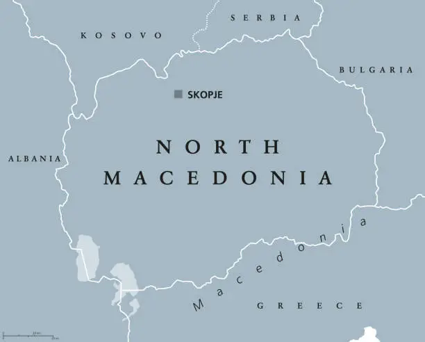 Vector illustration of North Macedonia, gray political map, with capital Skopje