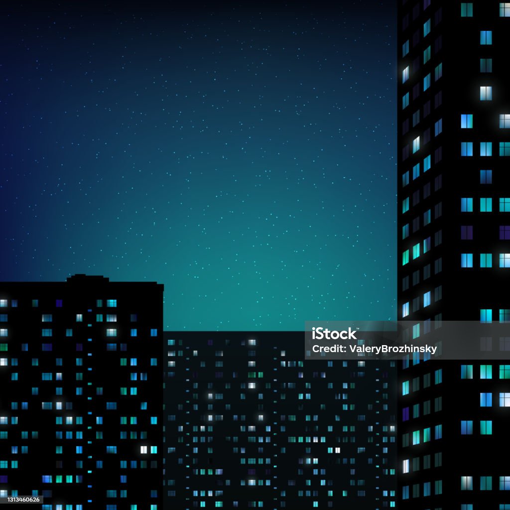 Glowing Windows Of Buildings Stars In Night Sky View From Window On City  Night Landscape Light Of The Windows In Tall Buildings Starry Sky Abstract Background  Wallpaper Vector Illustration Stock Illustration 