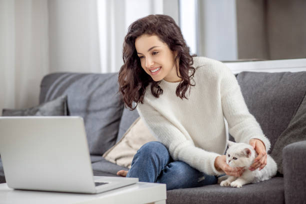 istock Dark-haired woman working on a laptop and hugging her cat 1313461432