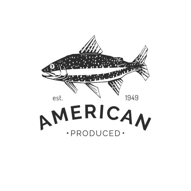 stylizowany rysunek pstrąga w wektorze. logo opakowania z owoców morza, może naklejki, etykiety sklepu. emblemat produktów morskich na targ rybny, restaurację, gospodarstwo. - trout fishing stock illustrations