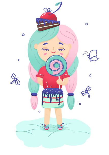 ilustrações de stock, clip art, desenhos animados e ícones de little pretty girl with pigtails and candy - chewing gum candy bubble little girls