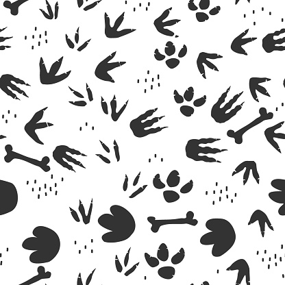 Dinosaur footprints seamless pattern. Background with dino feet steps traces. Jurassic animals path. Vector illustration for kids textile or floor mats.