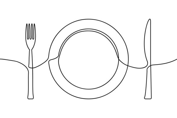 eine kontinuierliche liniendarstellung von platte, messer und gabel. - silverware fork dishware spoon stock-grafiken, -clipart, -cartoons und -symbole