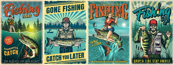Fishing vintage posters with fishermen and caught fishes and attractive woman holding fishing rod and sitting on pike which jumping out of water. vector illustration