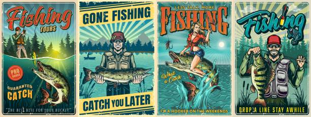 Fishing vintage posters Fishing vintage posters with fishermen and caught fishes and attractive woman holding fishing rod and sitting on pike which jumping out of water. vector illustration fishing bait illustrations stock illustrations