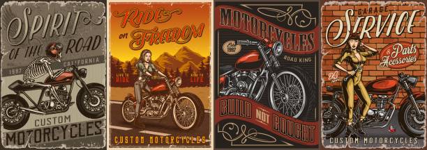 Custom motorcycle vintage posters with skeleton moto rider pretty biker girl and beautiful winking woman in uniform holding wrench vector illustration