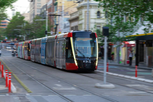 istock Tram moving through George St in Sydney NSW Australia 1313469260