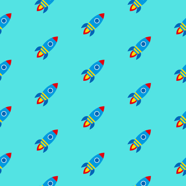 Rockets pattern on blue background Colourful launching rockets with fire, seamless pattern on blue background astronaut backgrounds stock illustrations