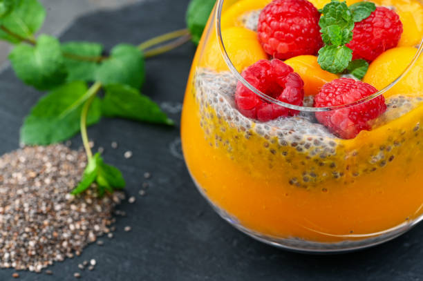 istock Homemade Chia pudding with coconut milk, mango puree, mango chunk and raspberry 1313469420