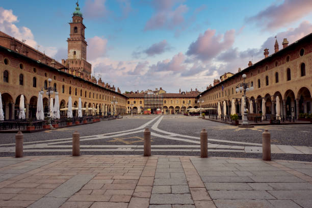 ducale renaissance square in vigevano. color image - milan italy italy castello sforzesco color image imagens e fotografias de stock