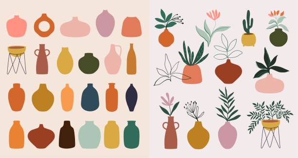 abstrakte kollektion mit verschiedenen vasen und pflanzen, modernes design - blumenvase stock-grafiken, -clipart, -cartoons und -symbole