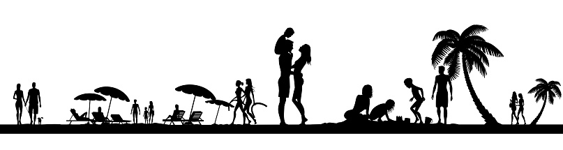 Families playing with their children on the beach. Vacation family silhouettes and happy people isolated vector illustration.