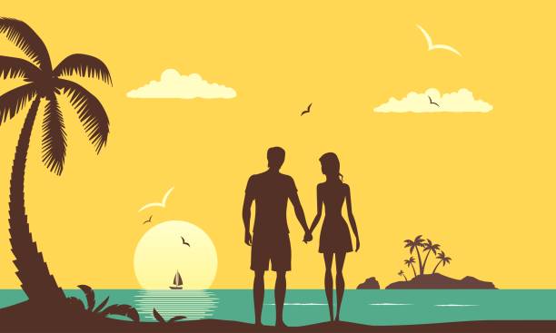 The couple on vacation in summer tropical ocean sunrise The couple on vacation in summer tropical ocean sunrise. Lovers watch the sunrise in a romantic setting by the ocean hand in hand. sunset beach hawaii stock illustrations