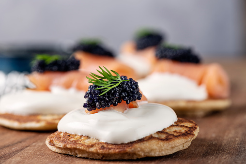 Homemade Blinis With Creme Fraiche, Smoked Salmon and Caviar